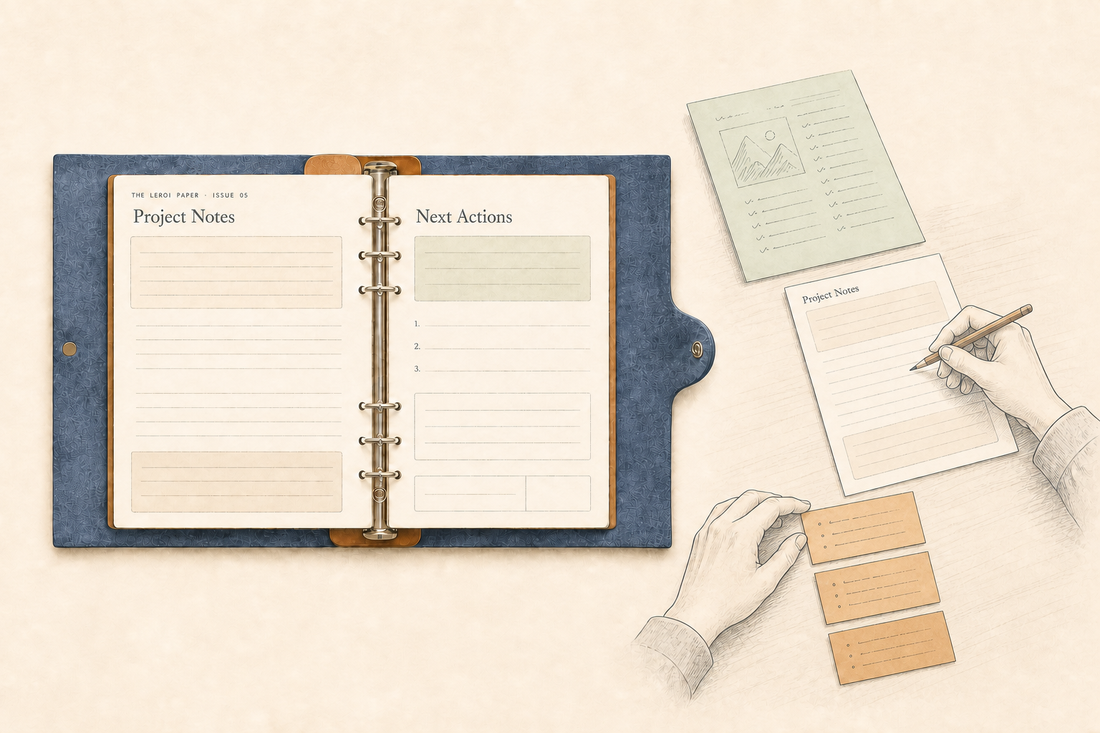 The LeRoi Paper Issue 05 Project Notes printable inside a blue-grey Layers of LeRoi ring notebook cover, with an illustrated project-planning scene.