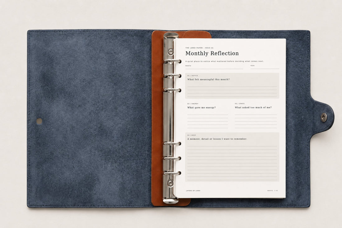 The LeRoi Paper Issue 01 Monthly Reflection printable displayed in a navy leather six-ring journal