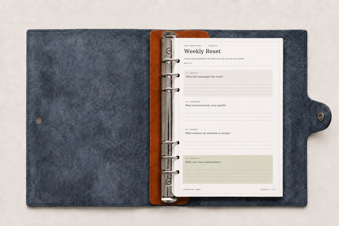 The LeRoi Paper Issue 03 Weekly Reset printable displayed in a navy leather six-ring journal