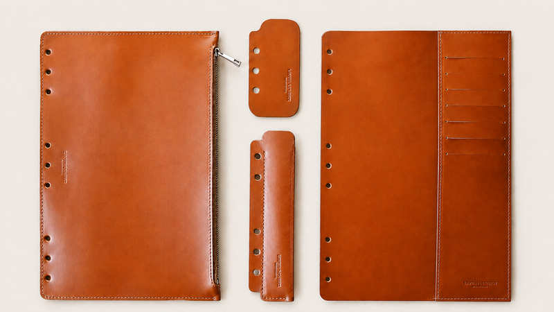 Tan four-piece Italian Vacchetta leather accessory set for a Layers of LeRoi ring journal cover