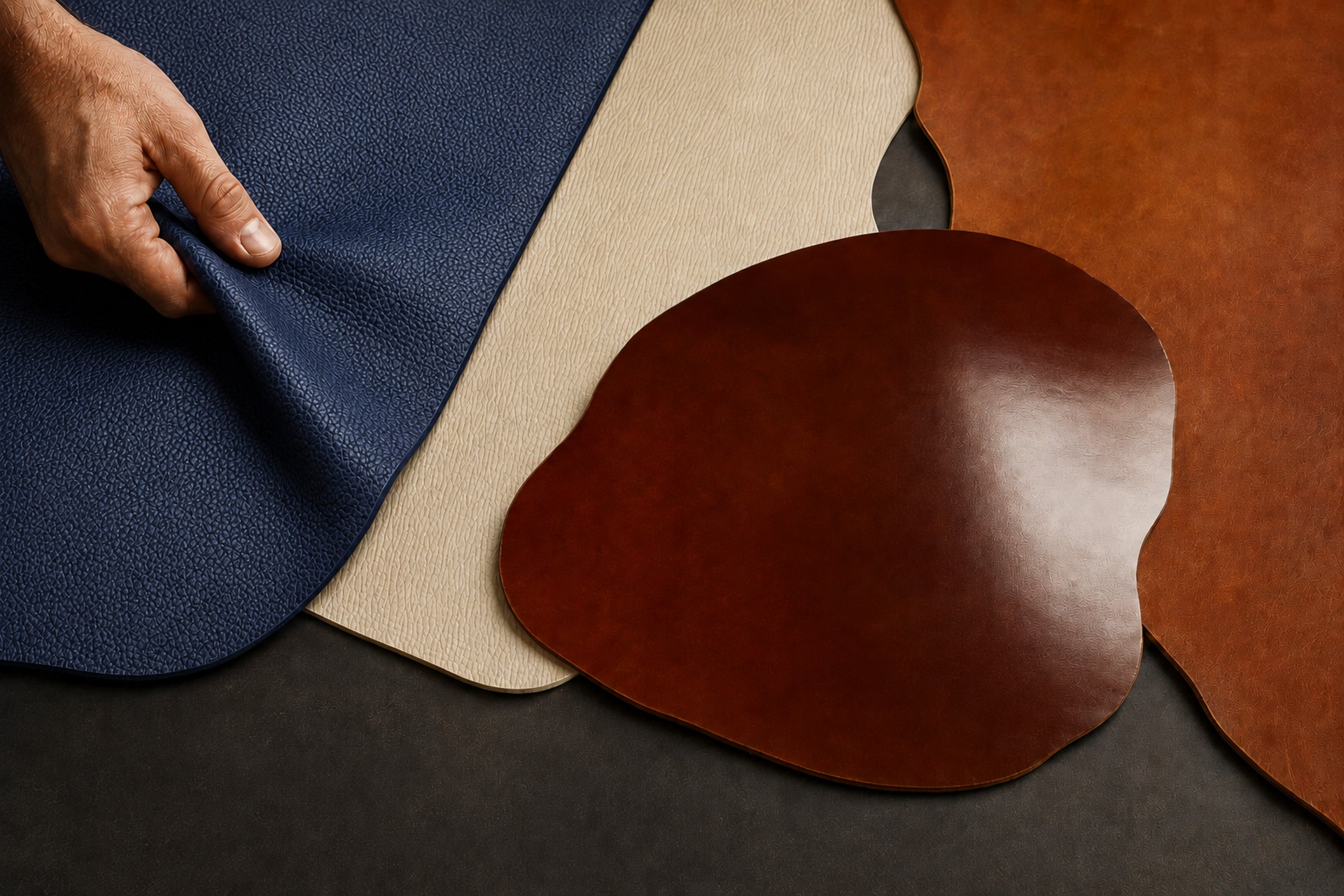Alpin Calf, Noblessa, shell cordovan and vegetable-tanned leather arranged on a dark work surface
