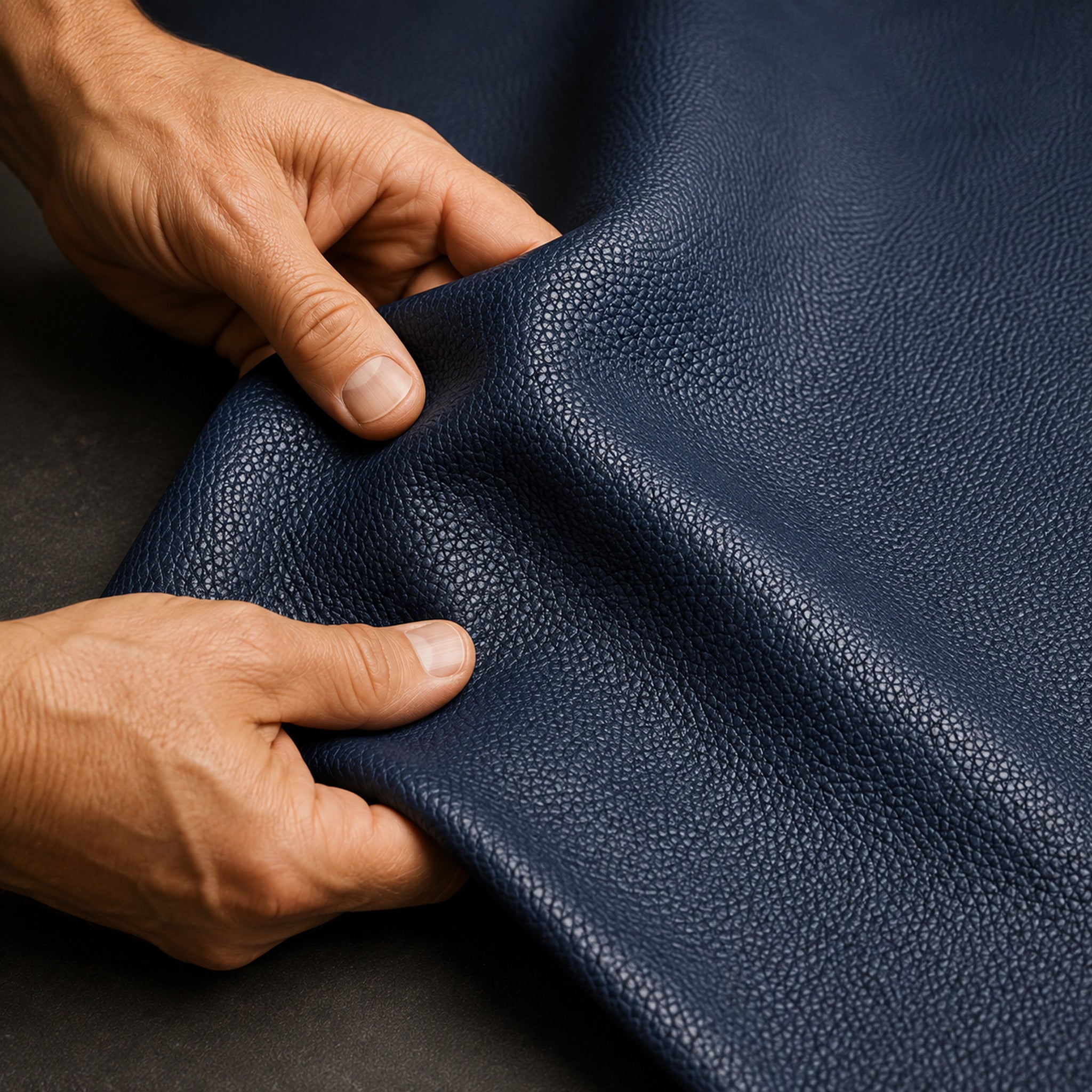Hands flexing German Togo calfskin to show its supple grain and natural flexibility