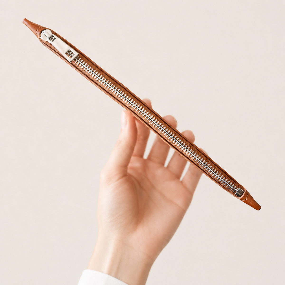 Side profile of a detachable Tan leather zip pocket held by hand