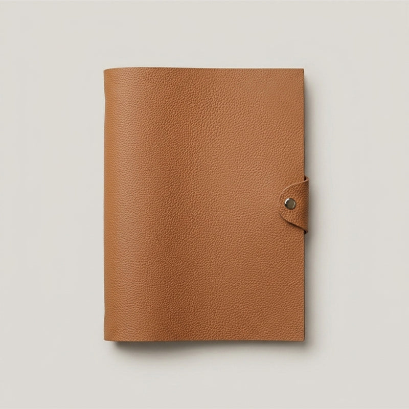 Camel German Togo leather A5 six-ring journal cover with PRYM snap closure