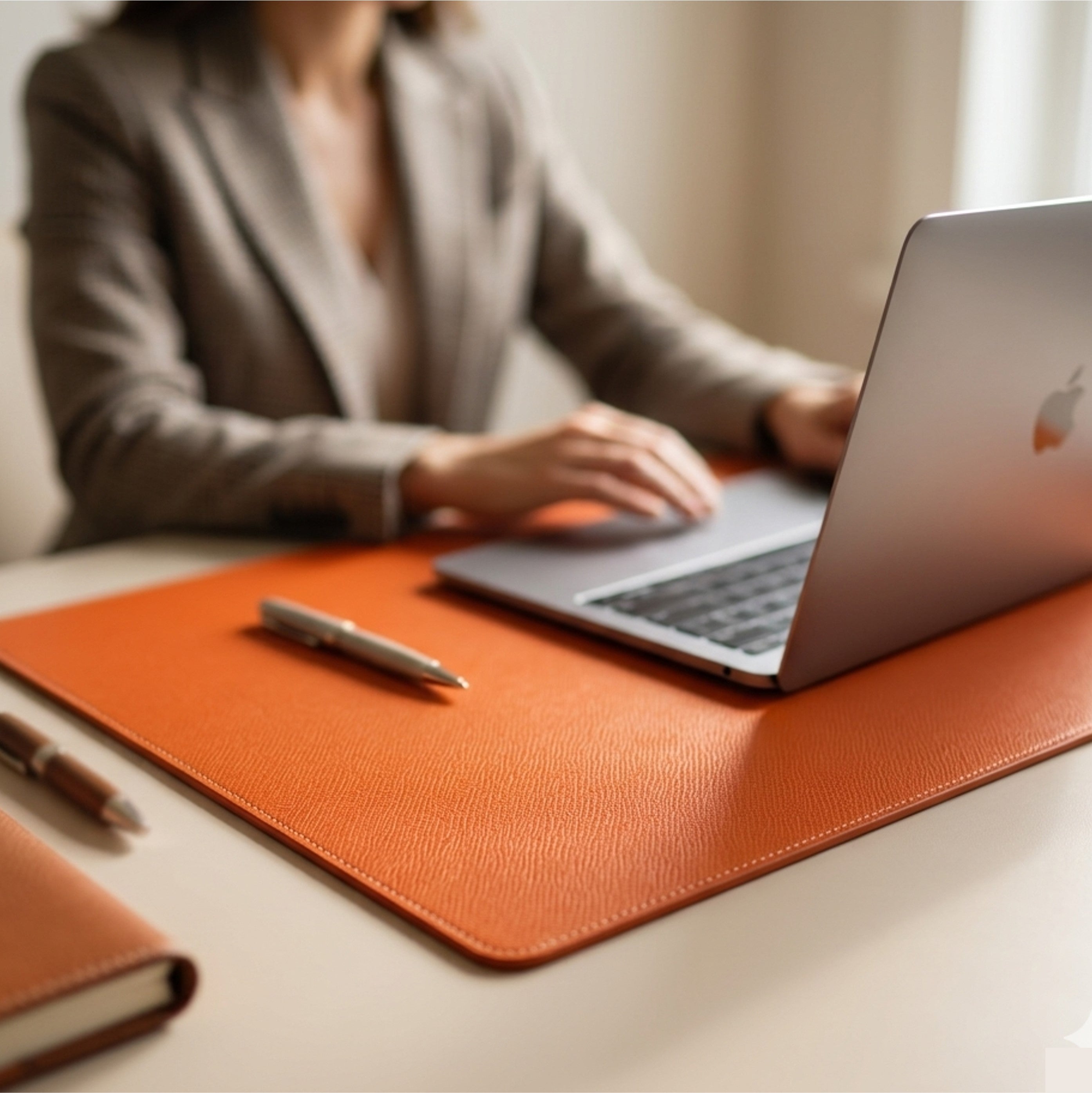 Close-up of Noblessa leather desk mat with embossed grain