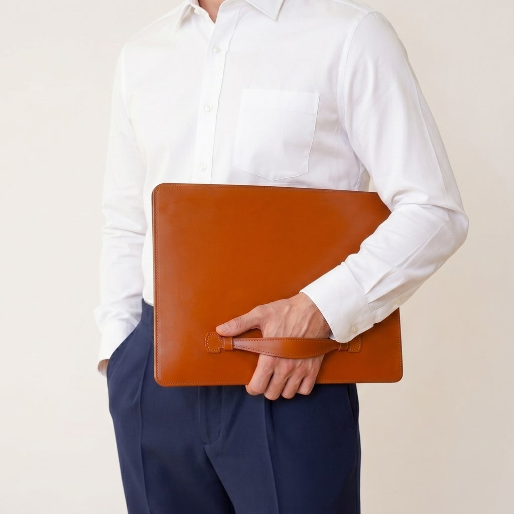 Italian Vacchetta leather MacBook sleeve with 5-layer lift and restore handle