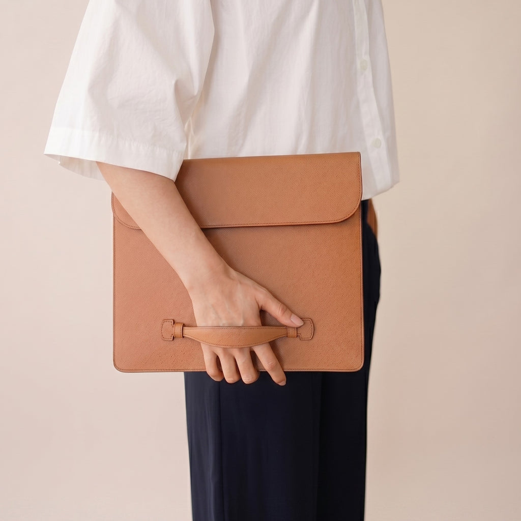 German Noblessa leather iPad sleeve with magnetic flap closure and Apple Pencil storage