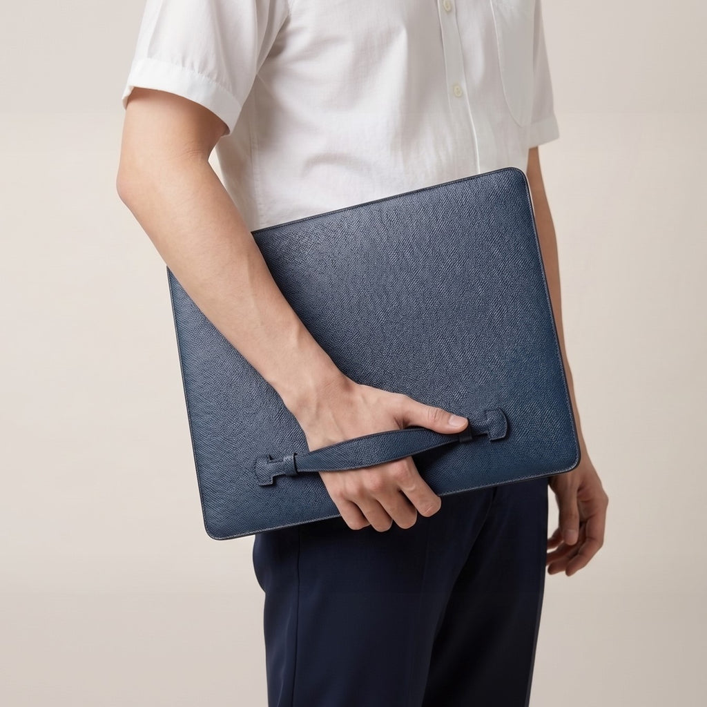 Close up of Navy Blue Noblessa Leather MacBook Sleeve with handle
