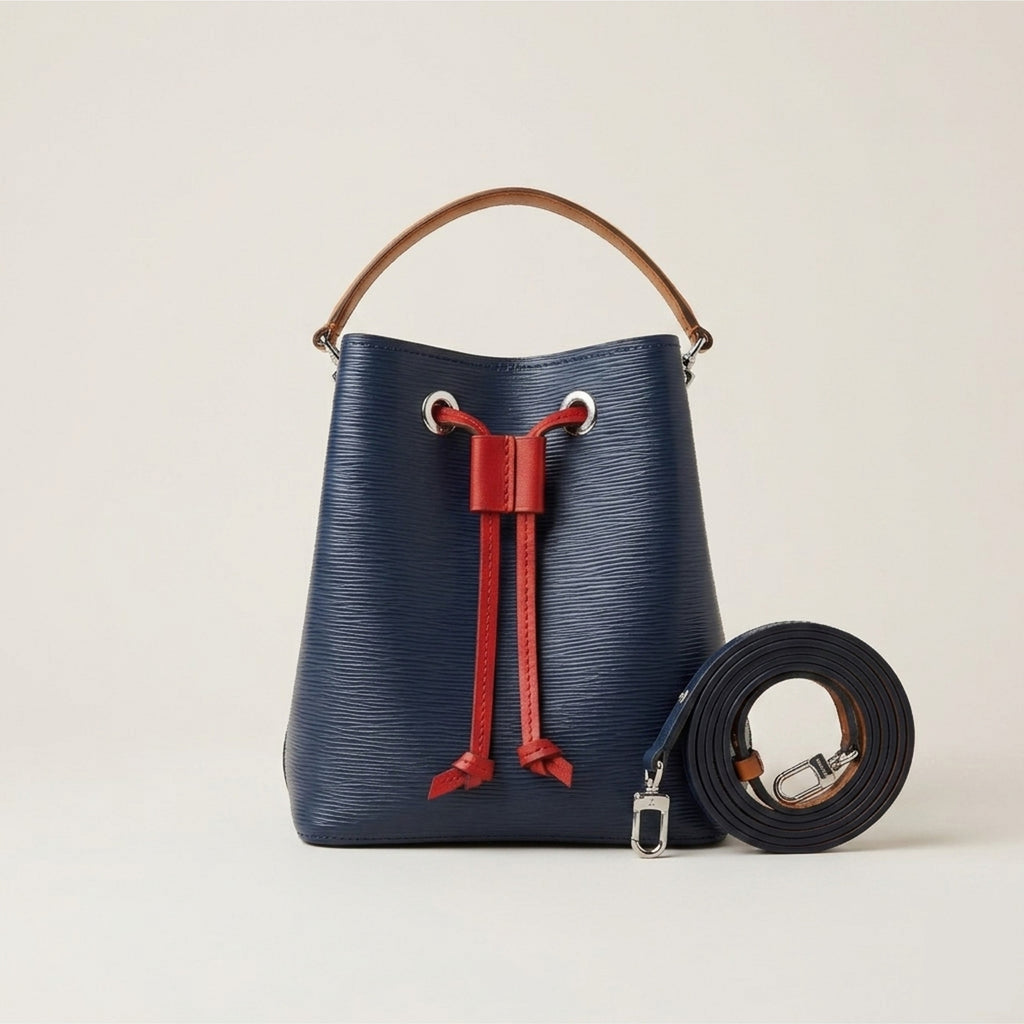Navy Dorothy Mini Bag with adjustable leather shoulder strap, front view