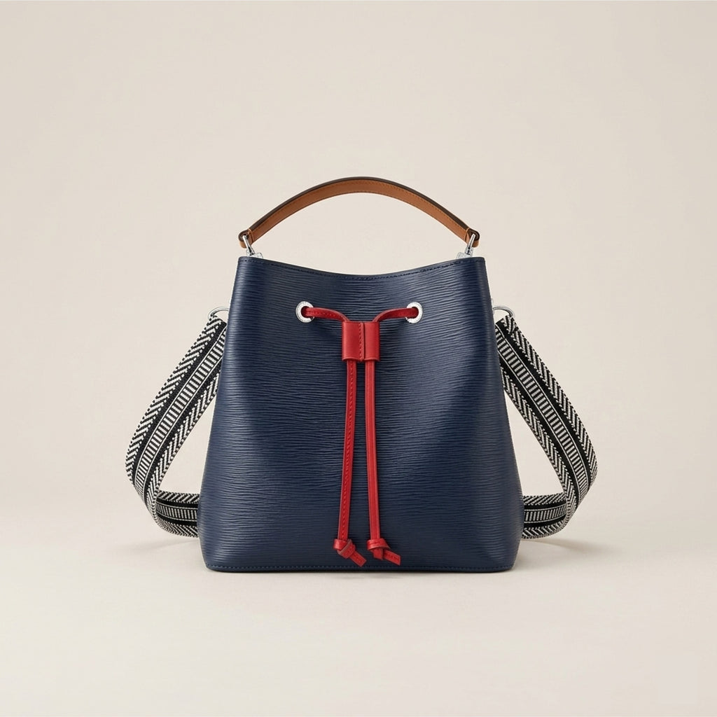Navy Dorothy Bag in Epi leather with webbing shoulder strap, front view
