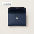 Open dark navy Morgan business card wallet showing its German Noblessa leather interior