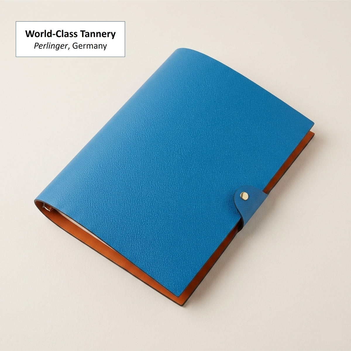 Zanzibar Blue German Noblessa leather B5 ring journal cover, angled view
