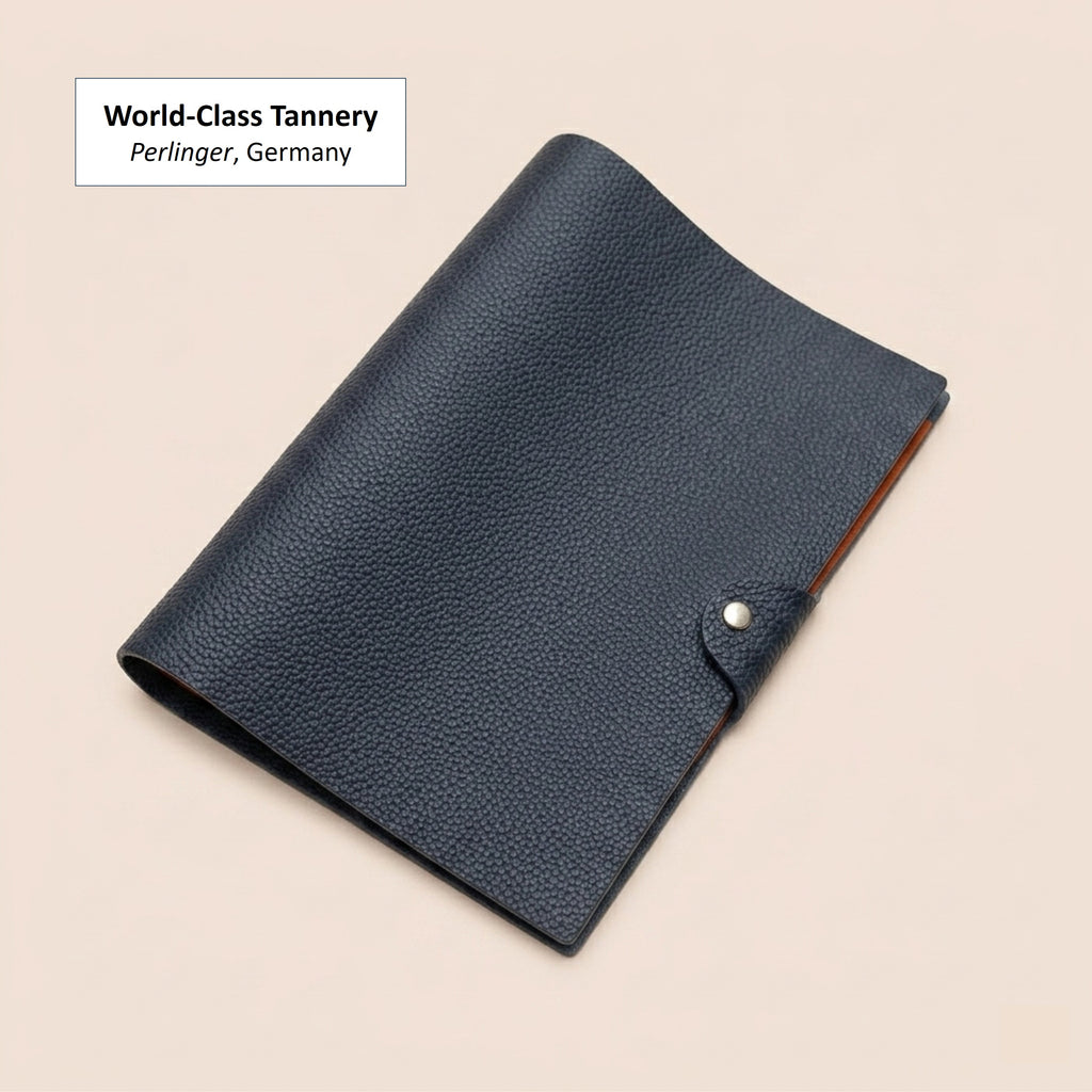 Navy German Togo leather A5 six-ring journal cover handcrafted with Perlinger calfskin