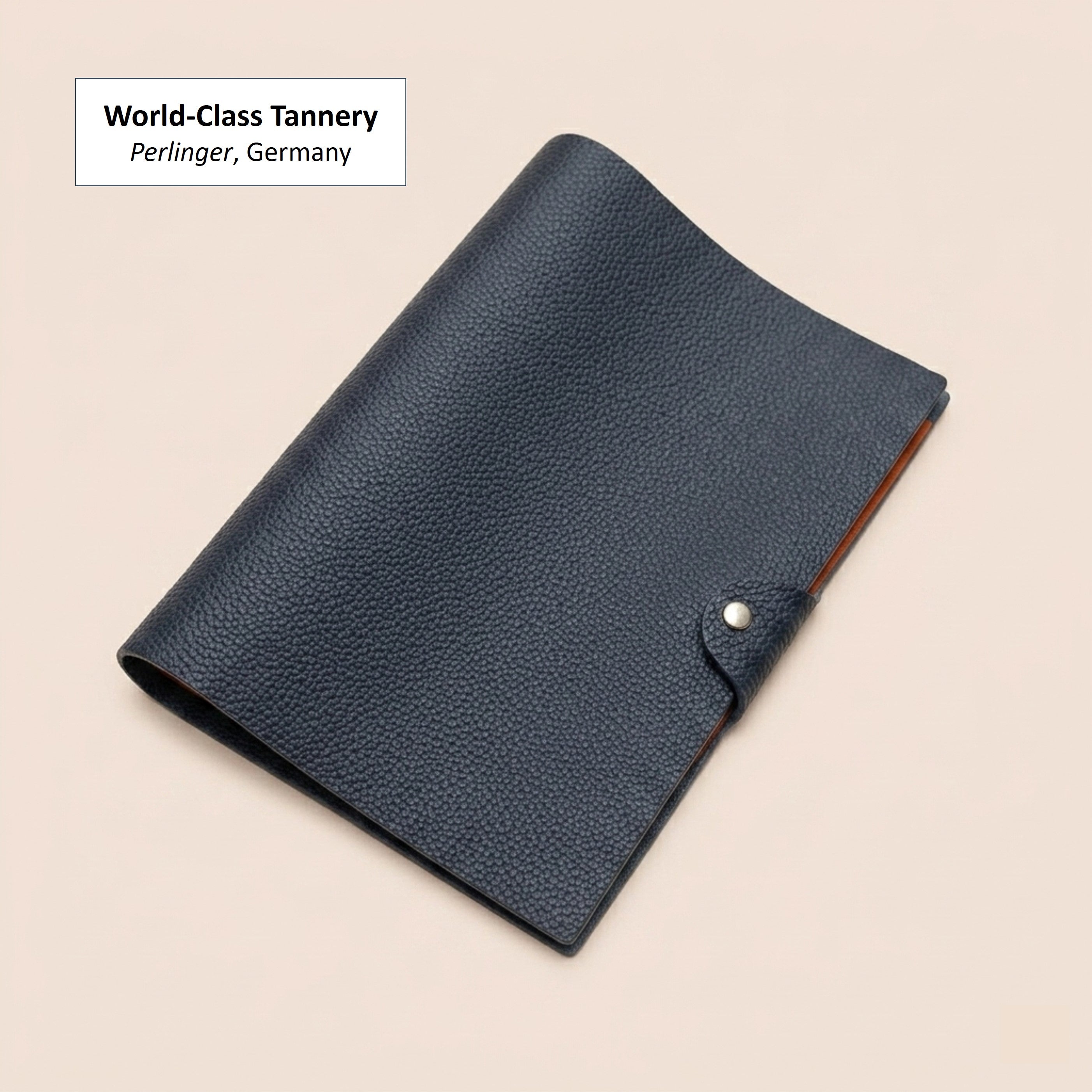 Navy German Togo leather A5 six-ring journal cover handcrafted with Perlinger calfskin