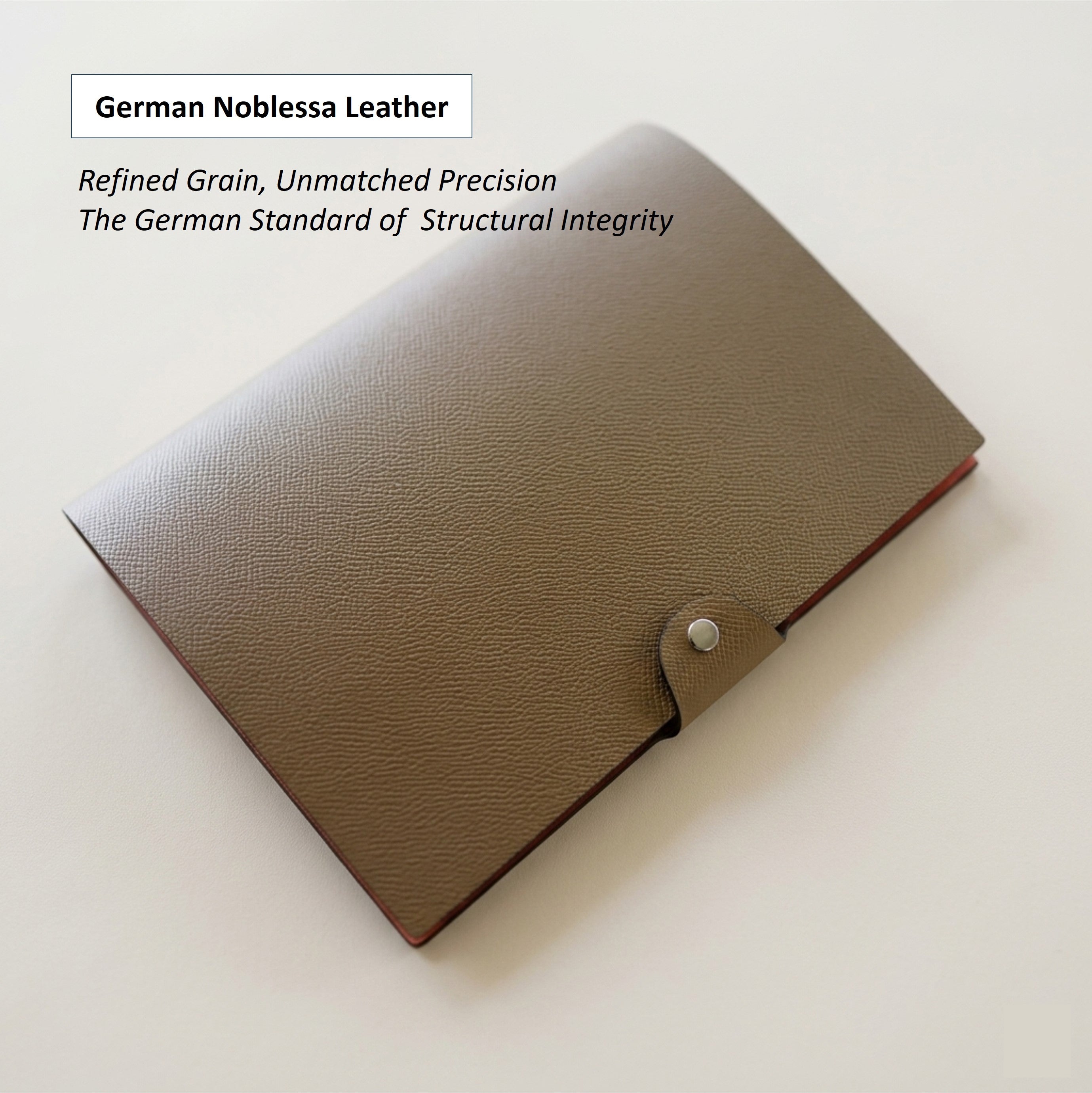 Taupe German Noblessa leather A5 six-ring journal cover, angled view
