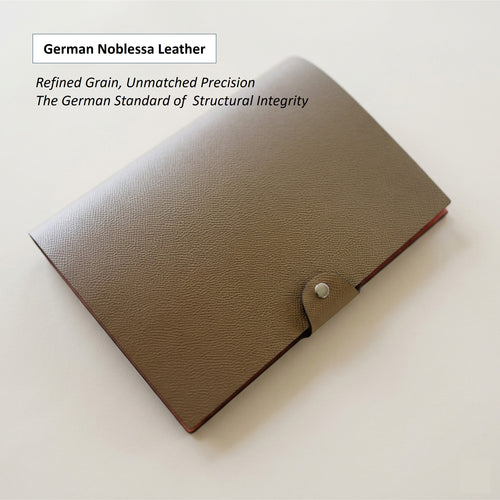 Taupe German Noblessa leather A5 six-ring journal cover, angled view

