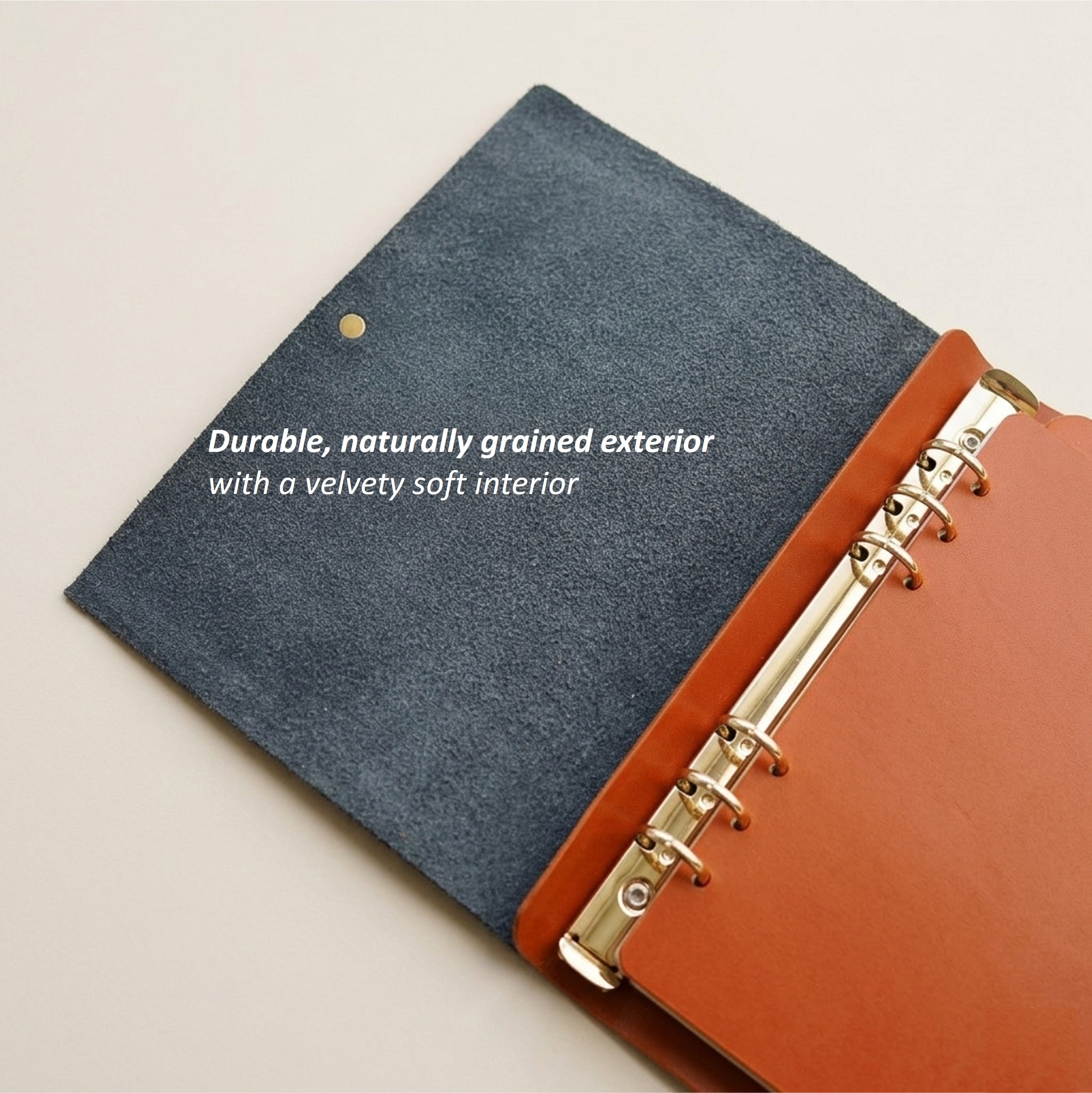 Open A5 German Togo leather journal cover showing its soft interior and vegetable-tanned leather panels
