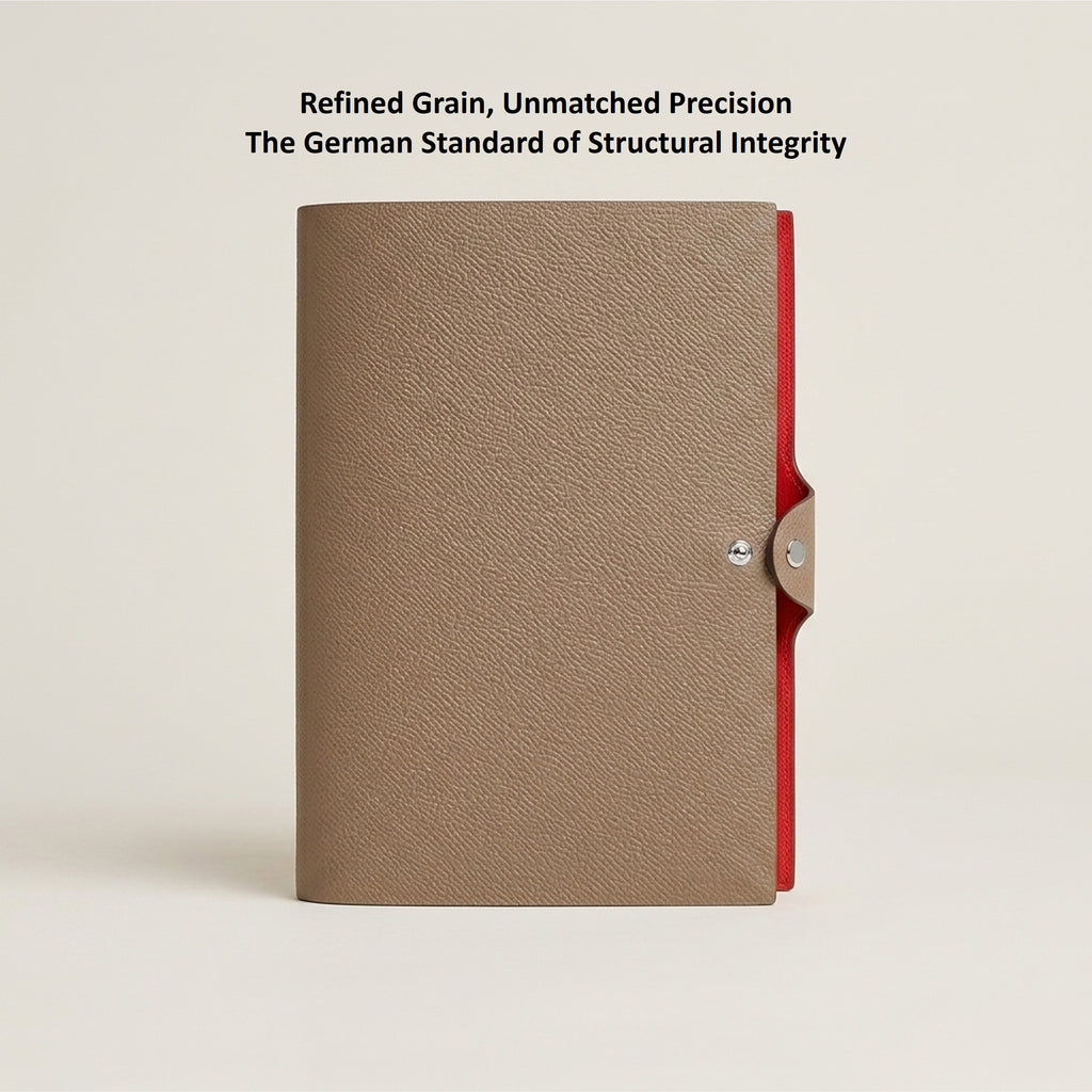 Taupe German Noblessa leather A5 journal cover with red Vacchetta leather interior
