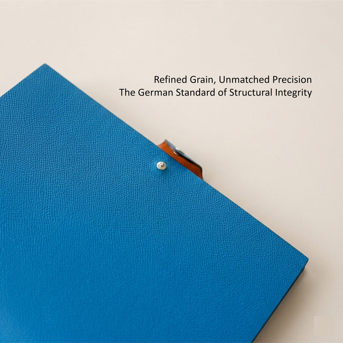 Close-up of Zanzibar Blue German Noblessa leather grain on a B5 journal cover
