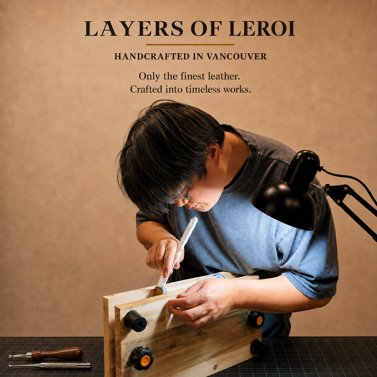 Layers of LeRoi artisan handcrafting a leather journal cover in the Vancouver workshop