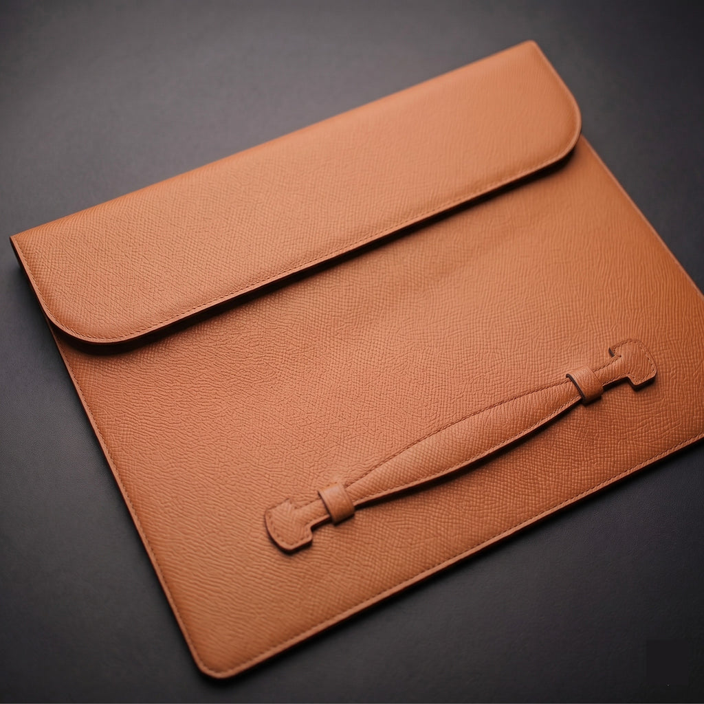Angled view of THE PENTAS German Noblessa leather iPad flap sleeve