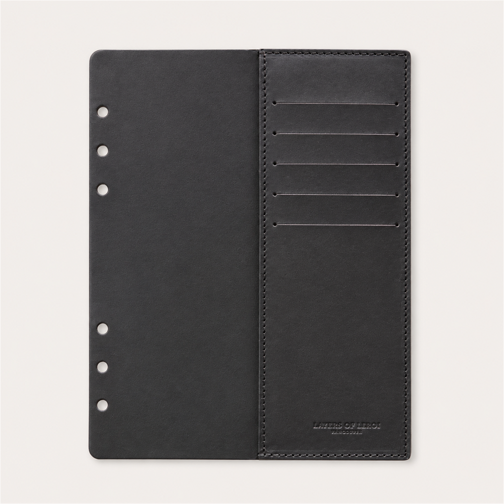 Black Italian Vacchetta leather card pocket for a Layers of LeRoi ring journal cover