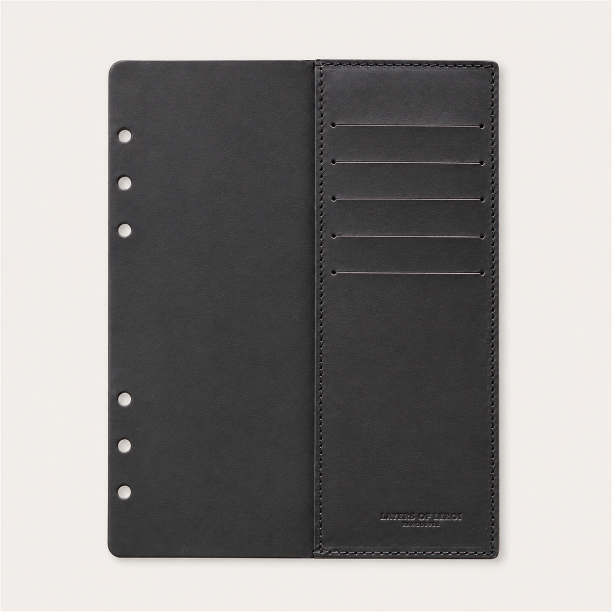 Black Italian Vacchetta leather card pocket for a Layers of LeRoi ring journal cover