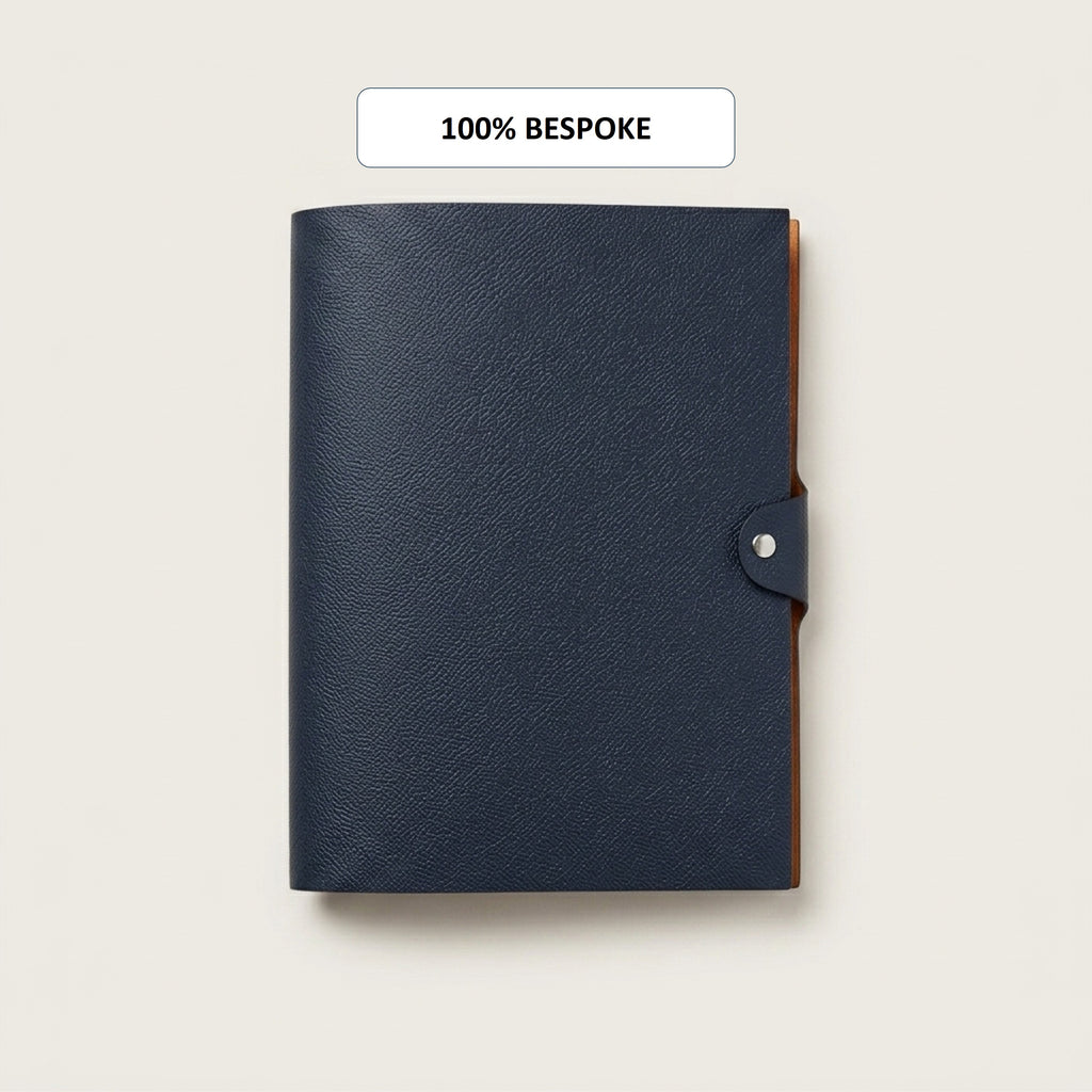 Bespoke Dark Navy German Noblessa leather B5 journal cover with snap closure
