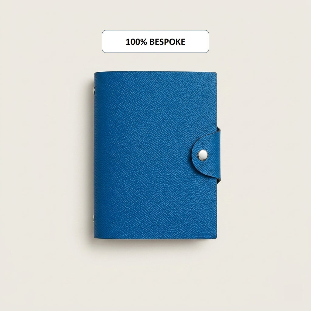Bespoke Zanzibar Blue German Noblessa leather A7 journal cover with snap closure
