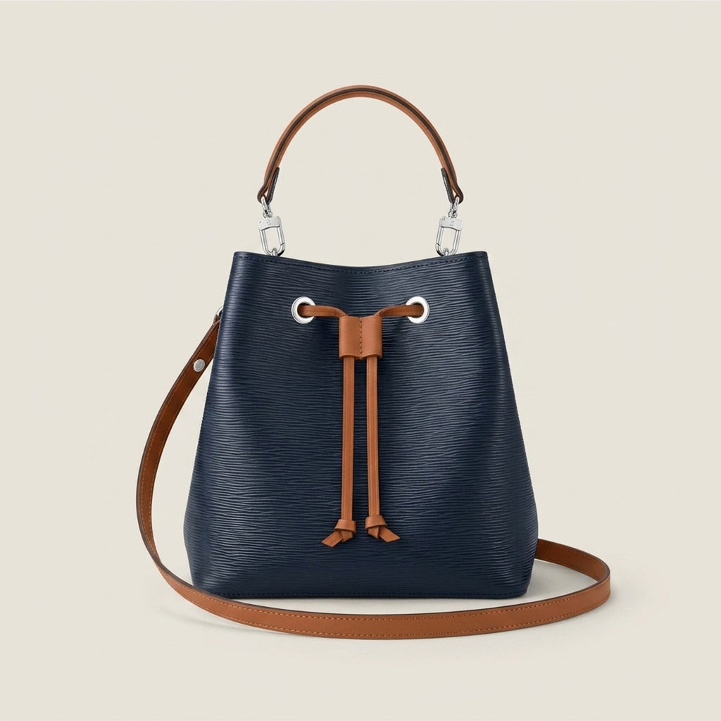Navy Dorothy Bag with detachable full leather shoulder strap, front view