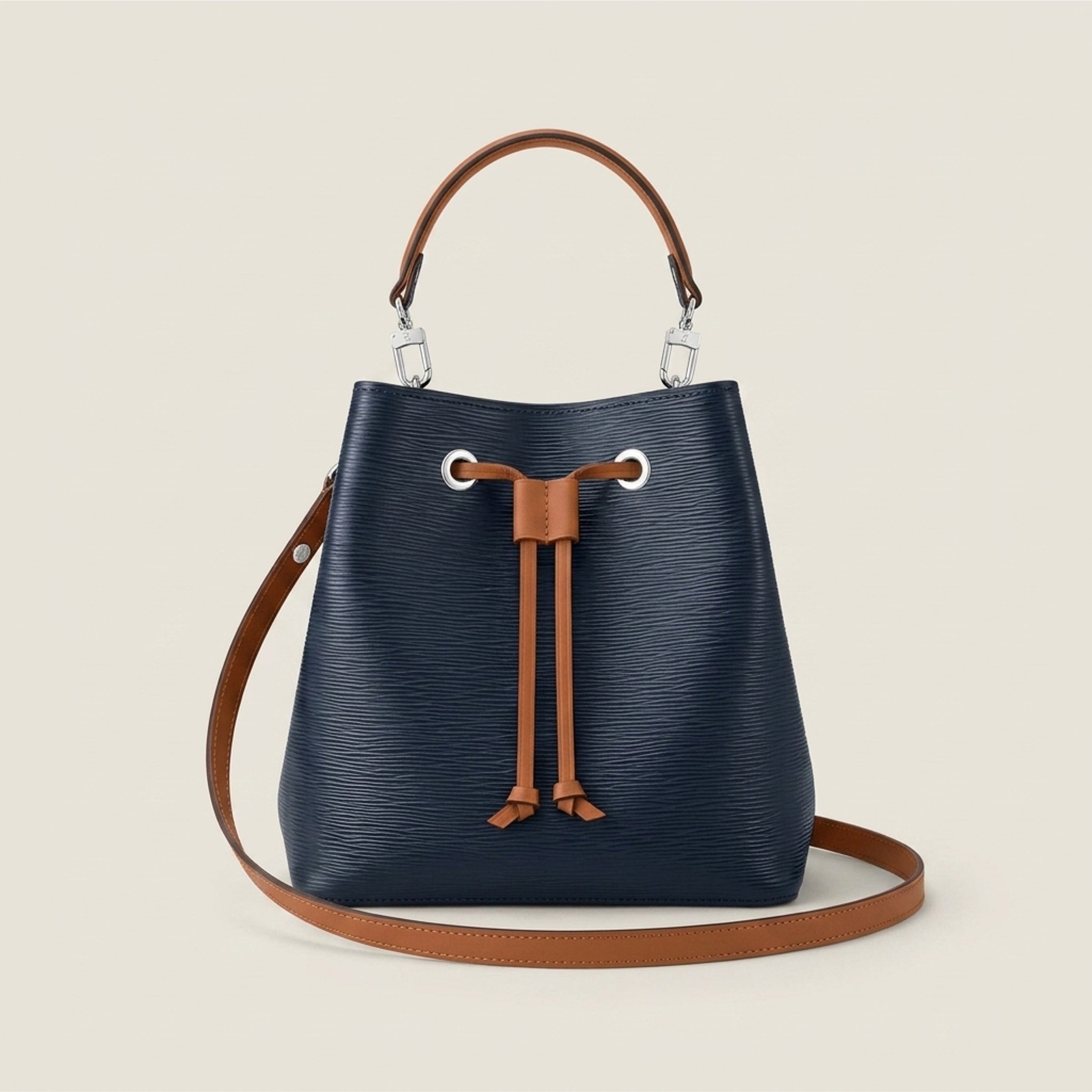 Navy Dorothy Bag with detachable full leather shoulder strap, front view