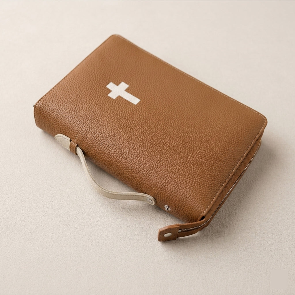 Zippered Leather Bible Cover with Handle - German Togo Leather