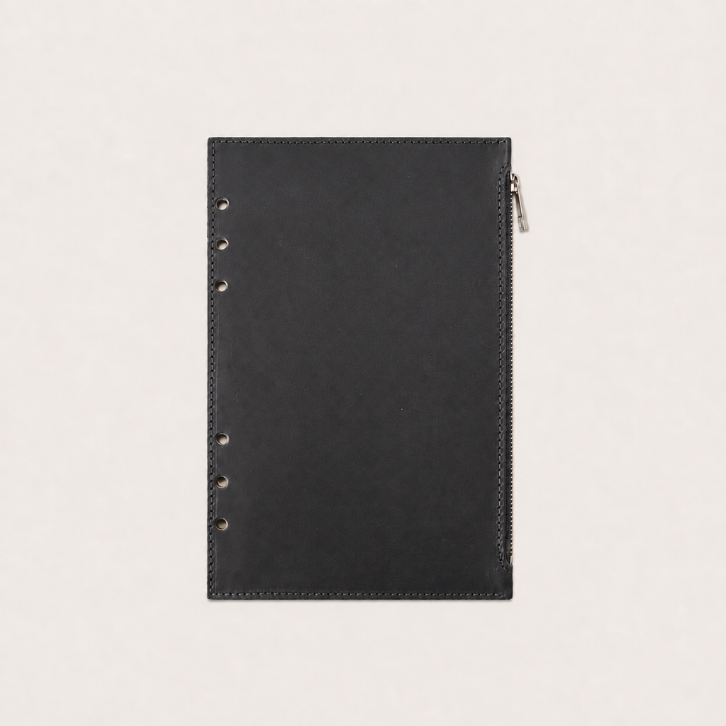 Black Italian Vacchetta leather zip pocket for a Layers of LeRoi ring journal cover