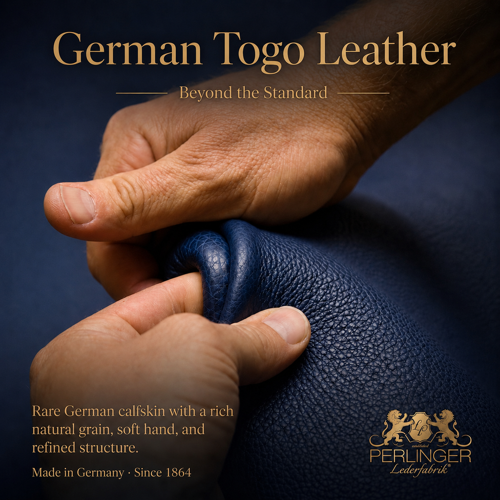 Close-up of soft pebbled German Togo calfskin by Perlinger, Germany