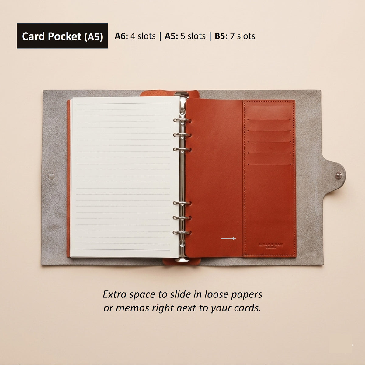 Tan A5 leather card pocket with five card slots and a slip pocket inside a six-ring journal cover