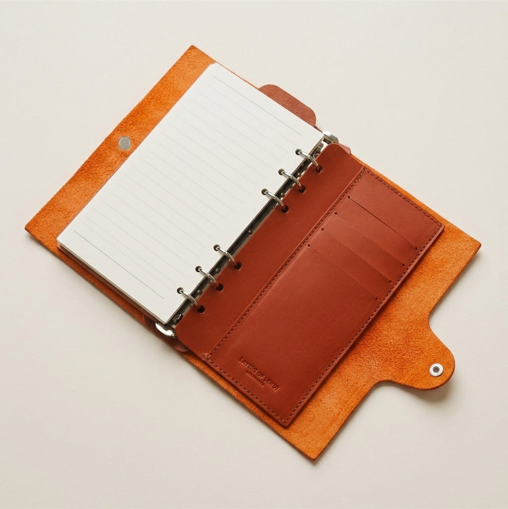 Angled view of a Tan A6 detachable leather card pocket inside an open six-ring journal cover