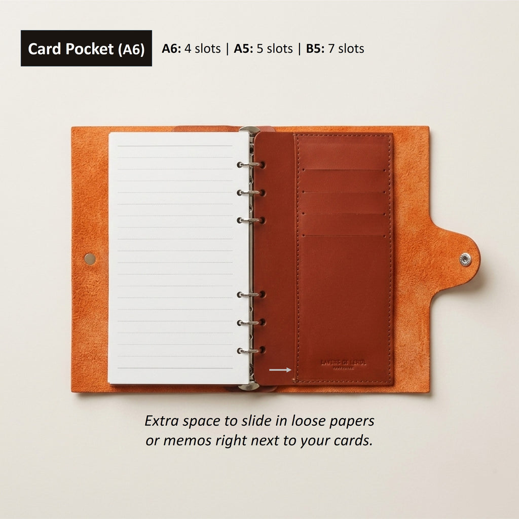 Tan A6 leather card pocket with four card slots inside a six-ring journal cover