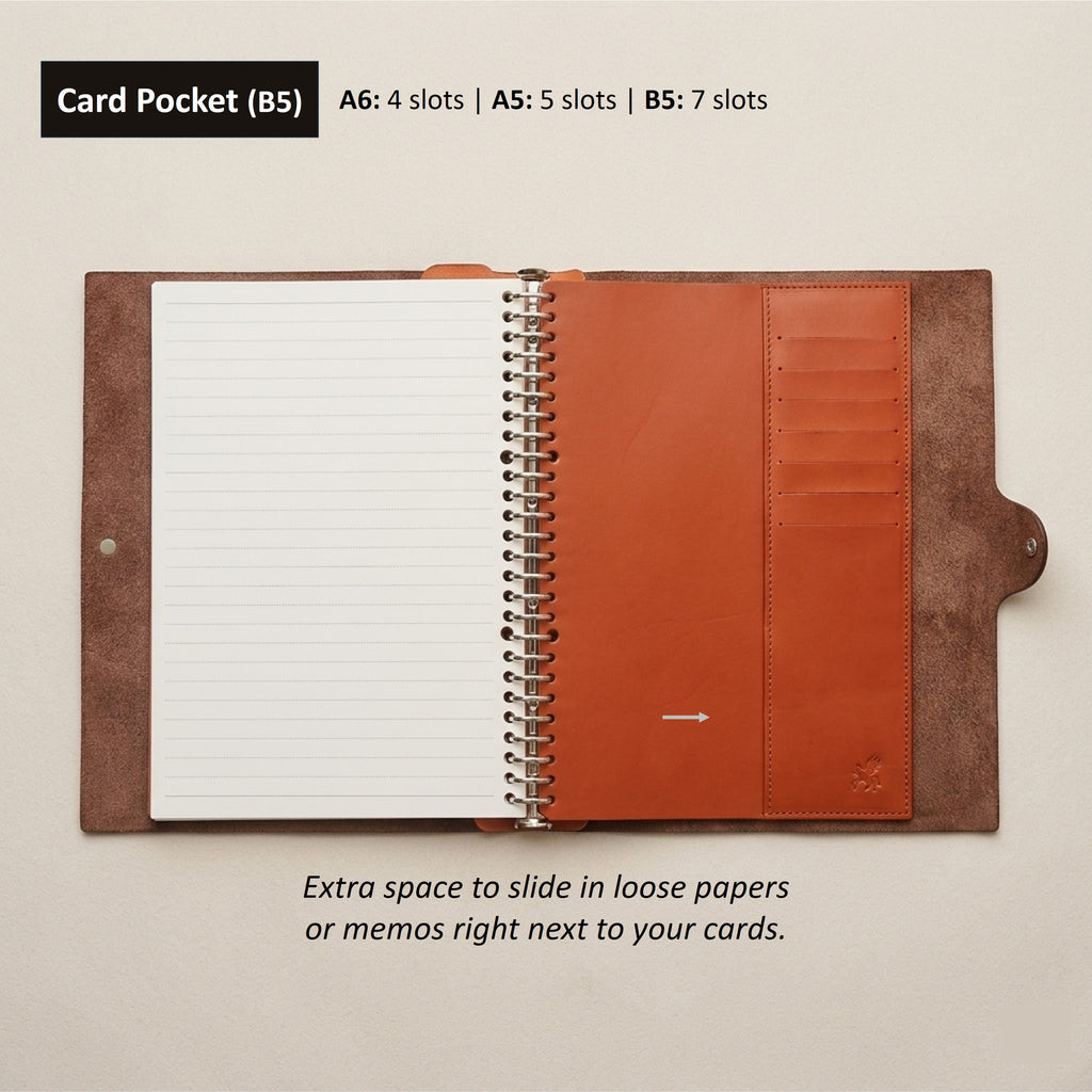 Tan B5 leather card pocket with seven card slots and a slip pocket inside a ring journal cover