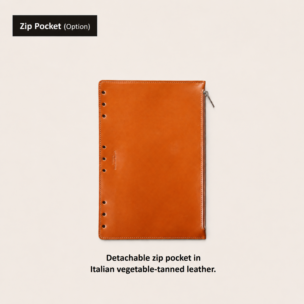 Detachable B5 zip pocket in Italian vegetable-tanned leather for a nine-ring journal cover