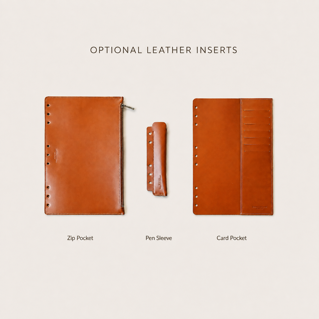 Optional B5 leather inserts in nine-ring format including zip pocket, pen sleeve and seven-slot card pocket