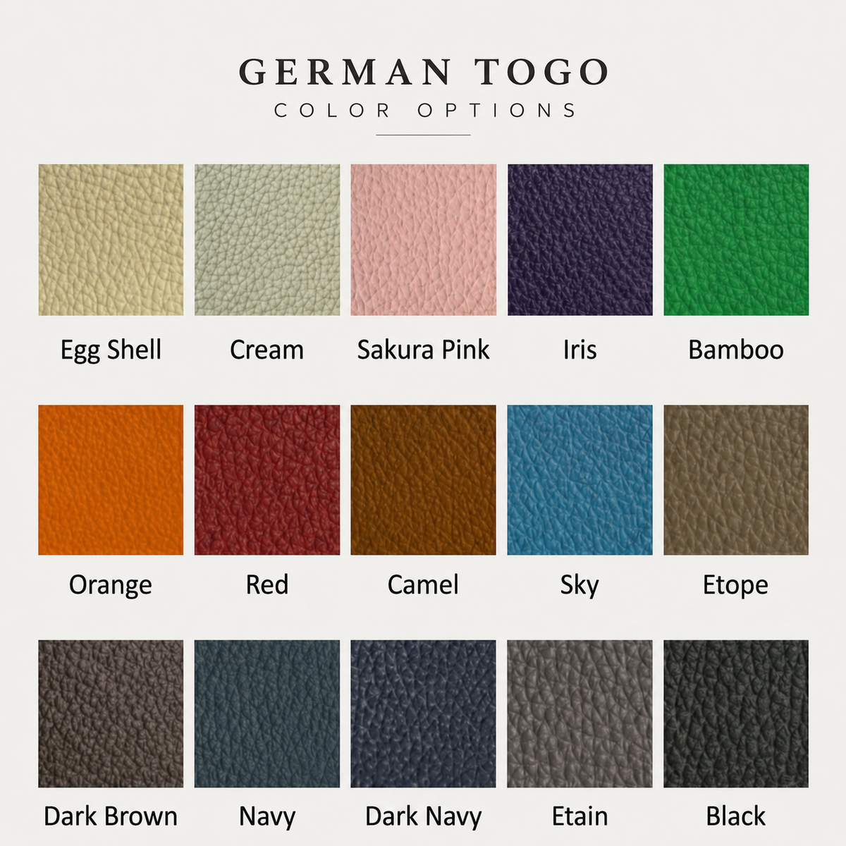 German Togo leather colour chart for Oranda Edge card wallet