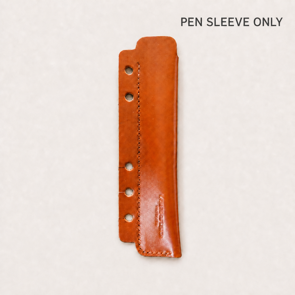 Tan detachable Italian Vacchetta leather pen sleeve with ring attachment holes