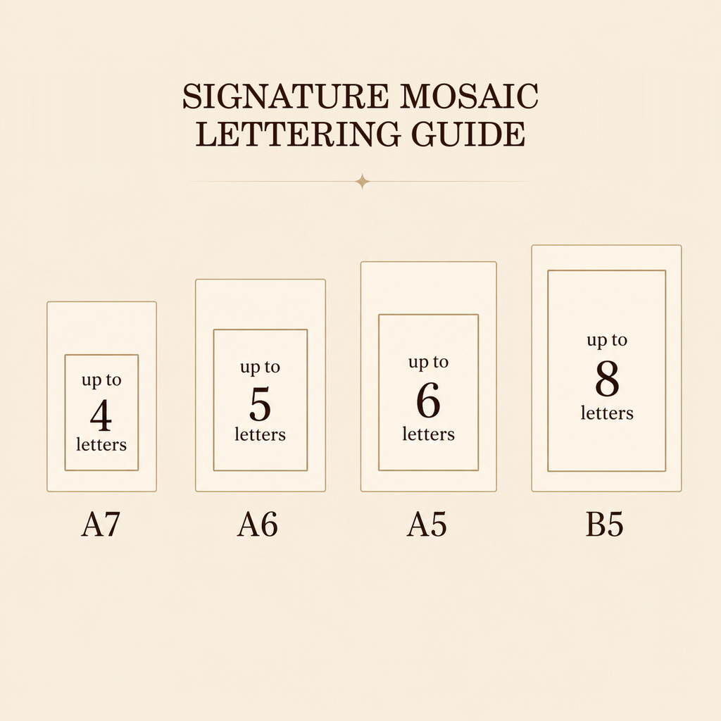 Signature Mosaic personalization lettering guide for custom leather binders