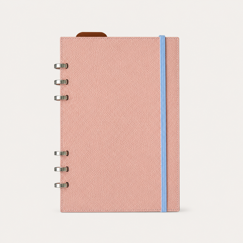 Blush pink A5 leather Smart Ring binder with a light blue elastic band closure