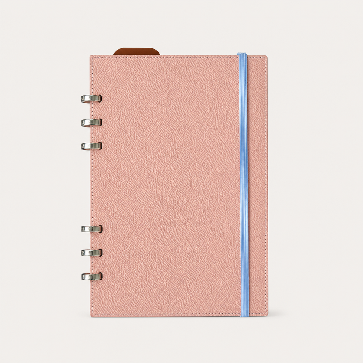 Blush pink A5 leather Smart Ring binder with a light blue elastic band closure